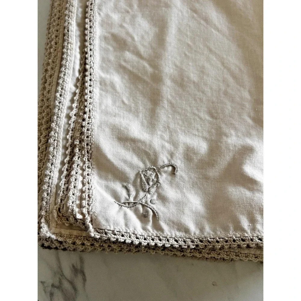 Vintage Table Napkins Ivory /Tan Embroidered Flower Lace Trim 16